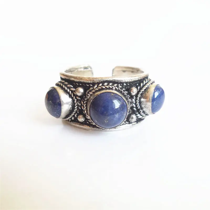 

R245 Tibetan Silver inlaid Natural Lapis Lazuli Beads Open Rings