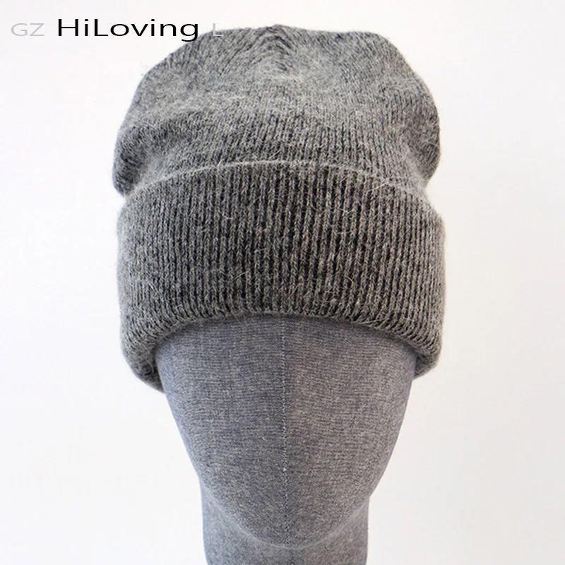 Online GZhilovingL invierno famoso gorro de Lana caliente genuino Casual Skullies sombreros de punto negro conejo Lana sombreros de punto de Lana de los hombres sombrero grueso de Lana