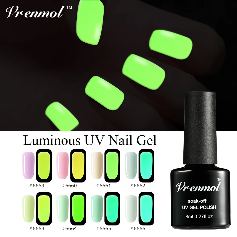 

Vrenmol 8ml Fluorescent Neon Luminous Nail Gel Polish Soak Off UV Gel Night Glow In Dark Gloss Lacquer Semic Permanent Varnish