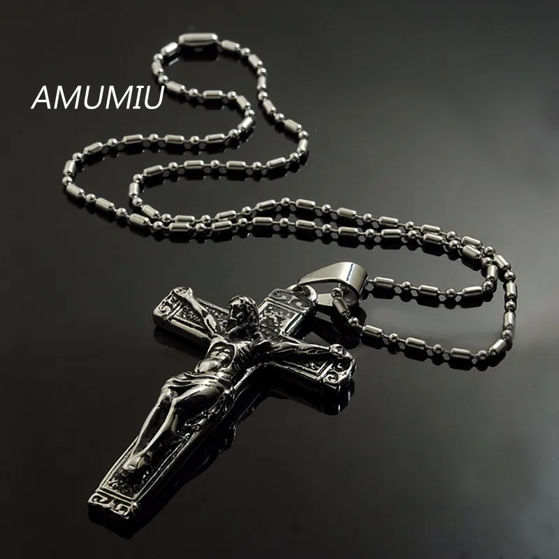 AMUMIU Крест Иисуса с цепочками нержавеющая сталь мужские ювелирные изделия распятие христианские ювелирные изделия ожерелья и Penda HZP169