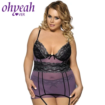 

Ohyeahlover Langerie Sexy Erotico Baby Dolls Women Disfraces Sexy Mujer RM70008 Purple Mesh And Metallic Lace Plus Size Babydoll