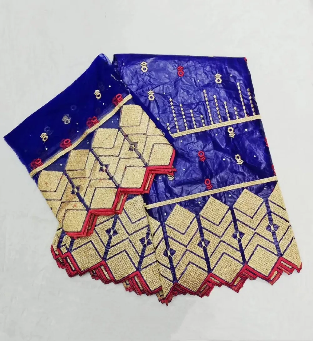 5Yards+2Yards India Bazin Riche Getzner Lace Fabric With Blouse Blue Color Stones Gold Line Embroidered Basin WOMEN | Дом и сад