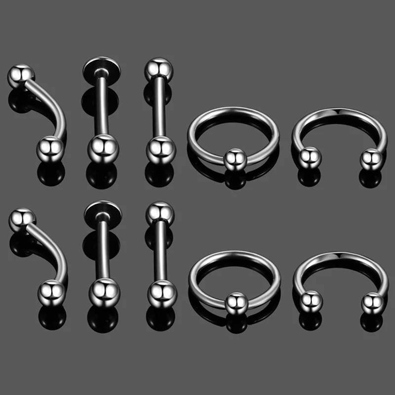 10Pcs Silver Color Body Piercing Eyebrow Nose Ring Stainless Steel Barbell Tongue Horseshoe Jewelry 3 Size