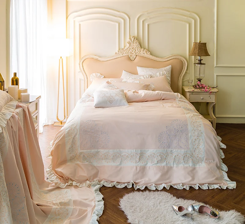 cheap 4Pcs Luxury Egypt Cotton Elegant Princess Ruffles Bedding Set Embroidery Duvet cover set Bed Sheet Pillowcases Queen King Size