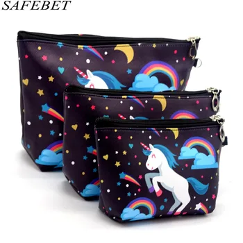 

SAFEBET Brand 3PC Unicorn Women Cosmetic Bag High Quality Big Capacity Waterproof Makeup Bag Travel Organizer Necessaries Bag
