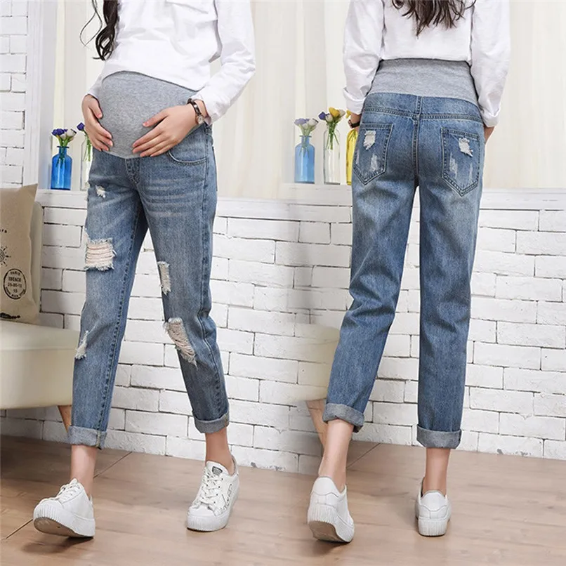 

XL-4XL Maternity Clothes Pregnancy Clothes Woman Pregnant Maternity Ripped Pants Trousers Loose Hole Stomach Lift Jeans AU29