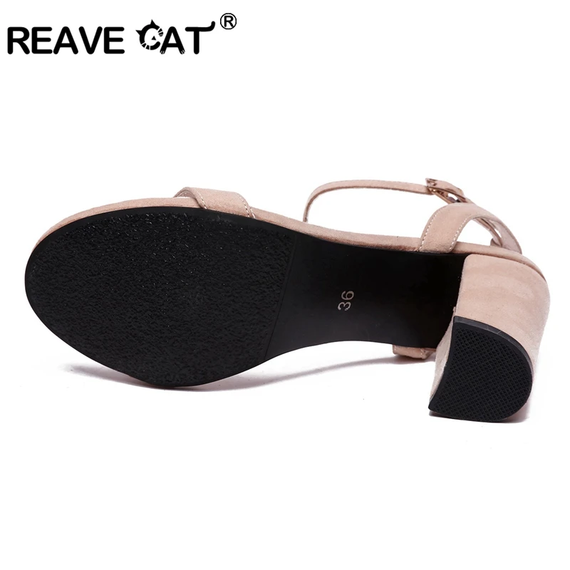 Женские босоножки из флока REAVE CAT летние на высоком толстом каблуке черные
