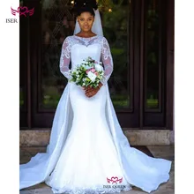 Прозрачные длинные рукава с изящной вышивкой маленький блестками на атласное свадебное платье Русалка со съемным шлейфом w0607