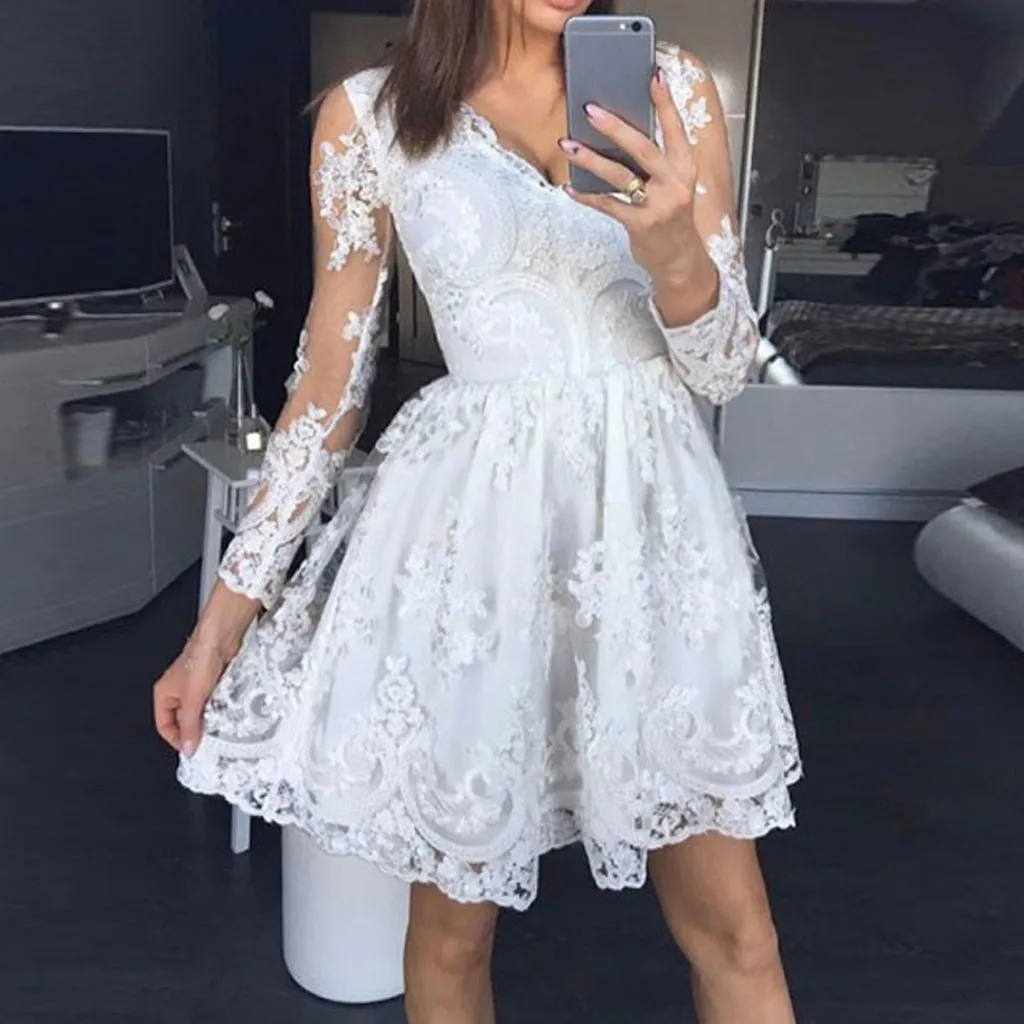 

Sexy Lace Floral Women Dress V-Neck Long Sleeve Hollow Out White Short Dress Ladies Summer Dress 2019