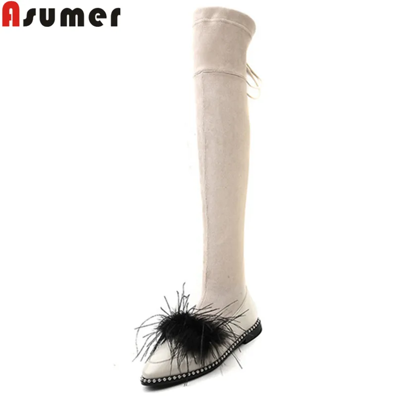 ASUMER 2018 fashion over the knee boots women pointed toe zip faux suede+cow leather boots low heels elegant thigh high boots ASUMER 2018 fashion over the knee boots women pointed toe zip faux suede+cow leather boots low heels elegant thigh high boots