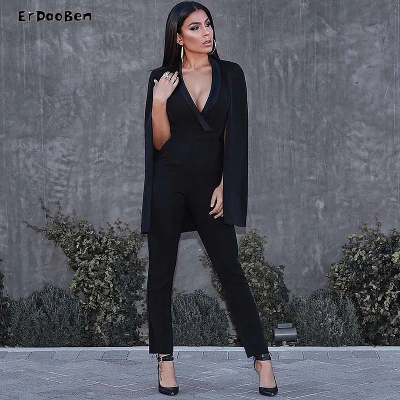 

Erdaoben sexy full length Women Celebrity Runway Jumpsuit Black Deep V-Neck Halter half Batwing Sleeve Rompers BH5355