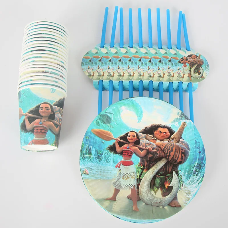 

60pcs/lot Maui Moana Movie Theme Disposable Tableware Sets 20 Plate+20 Cup+20 Straw Kid's Birthday Party Supplies Decor