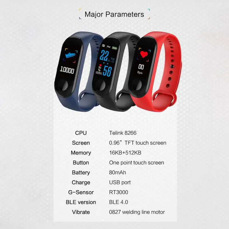 

M3C Smart Wristband Bracelet Band Heart Rate Blood Pressure Monitor Smart Bracelet Touch Screen Pulse Step Time Watch