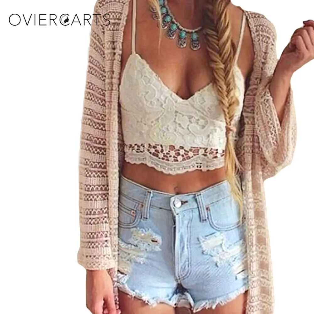 2016 Summer New Sexy Women Crop Top Knitted font b Crochet b font Lace Deep V