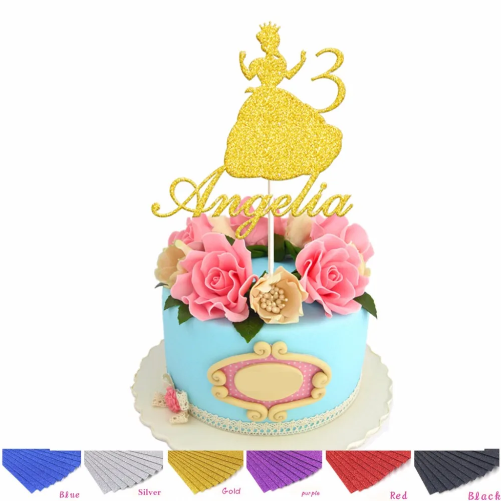 Personalised Custom Name Age Princess Cake Topper In Glitter