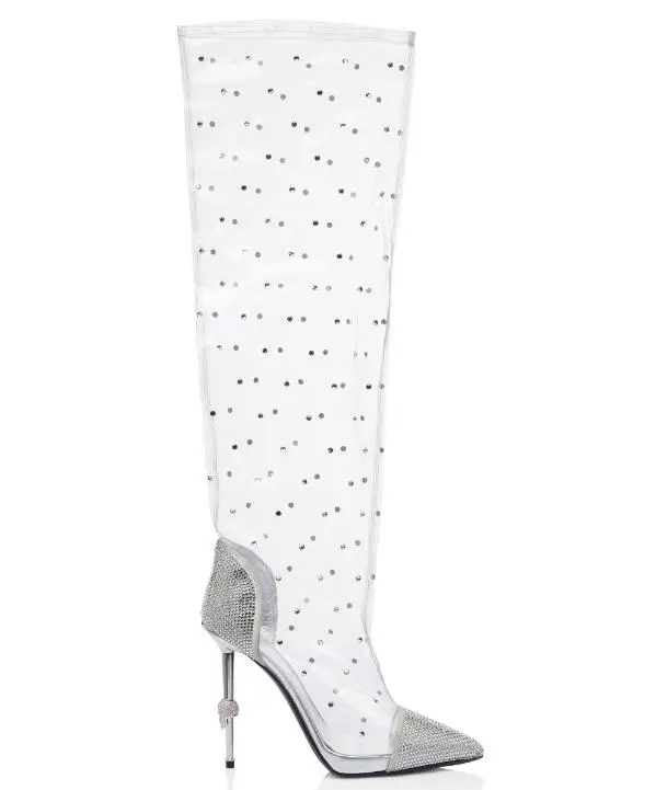 

Moraima Snc Sexy Pointed Toe Knee High Boots Transparent PVC Patchwork High Heel Shoes Crystal Riding Boots for Woman