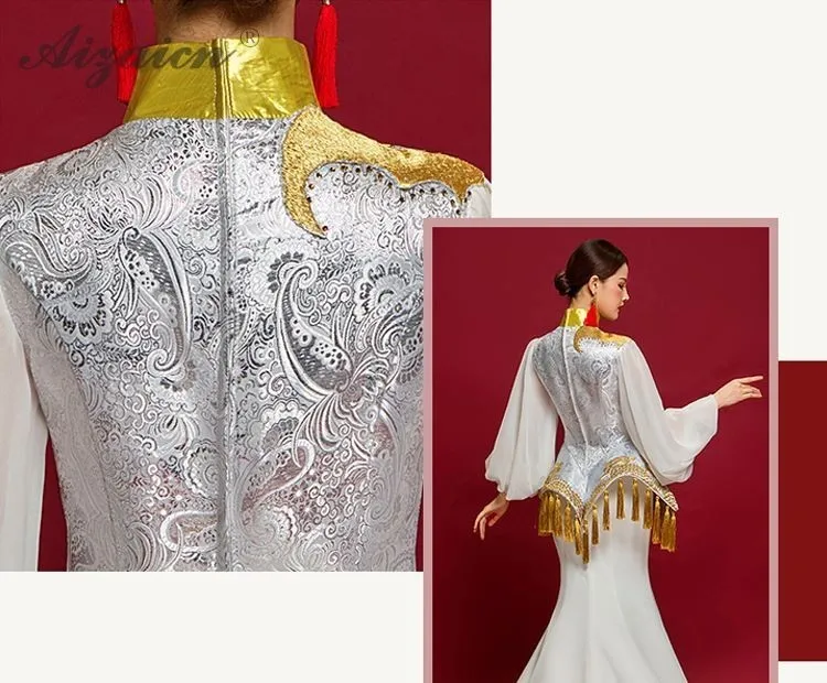 2019 белые модные со шлейфом Cheongsam современный кисточкой длинное платье Qipao Oriental стиль шоу на сцене Qi Pao для женщин Китайский вечернее