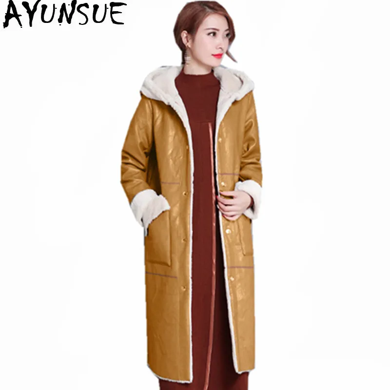 

AYUNSUE High Quality Lamb Fur Coat Female Warm Padded Winter Jacket Women Hooded Parkas PU Leather Jackets 3XL Chaquetas WXF512