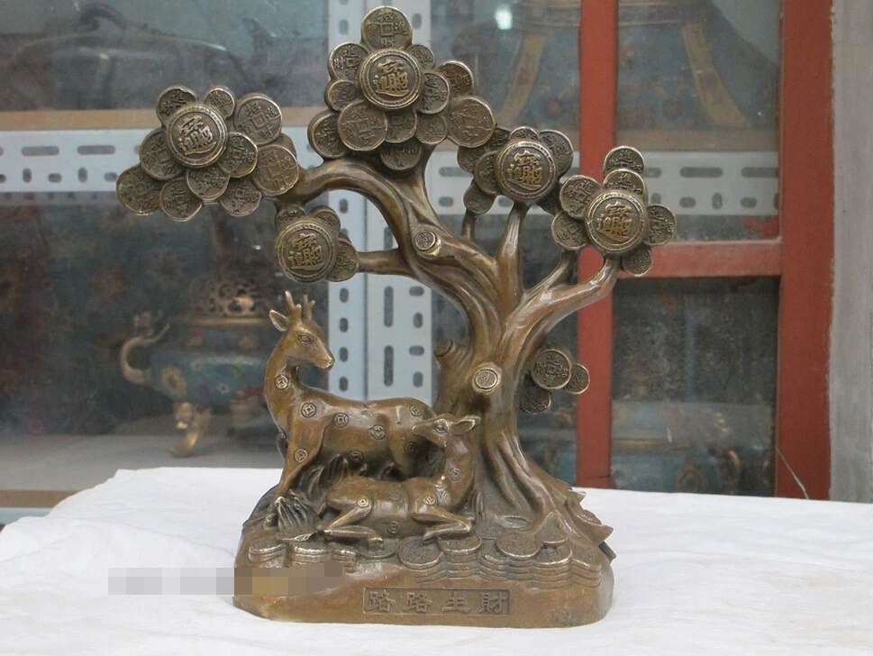 

11.5"China bronze Bi Coin wealth Money tree Treasures Deer longevity