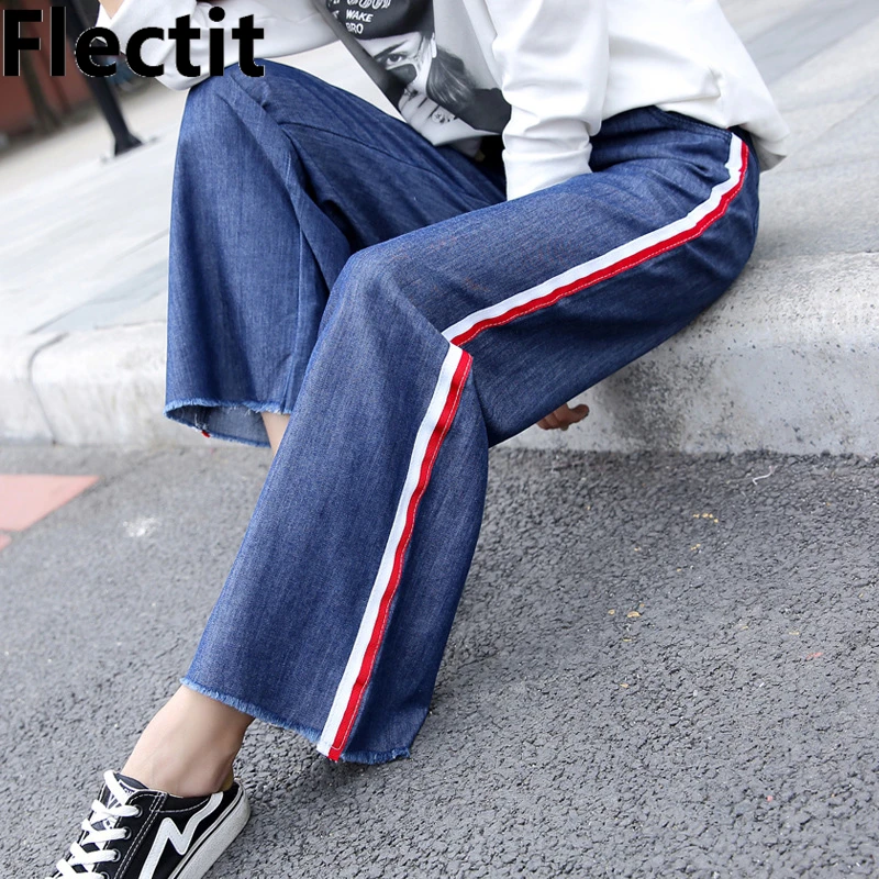 

Flectit Relaxed Straight Leg Jean Pants with Sidei Stripes Casual Denim Blue Pants Women Jeans Pants Female Trousers