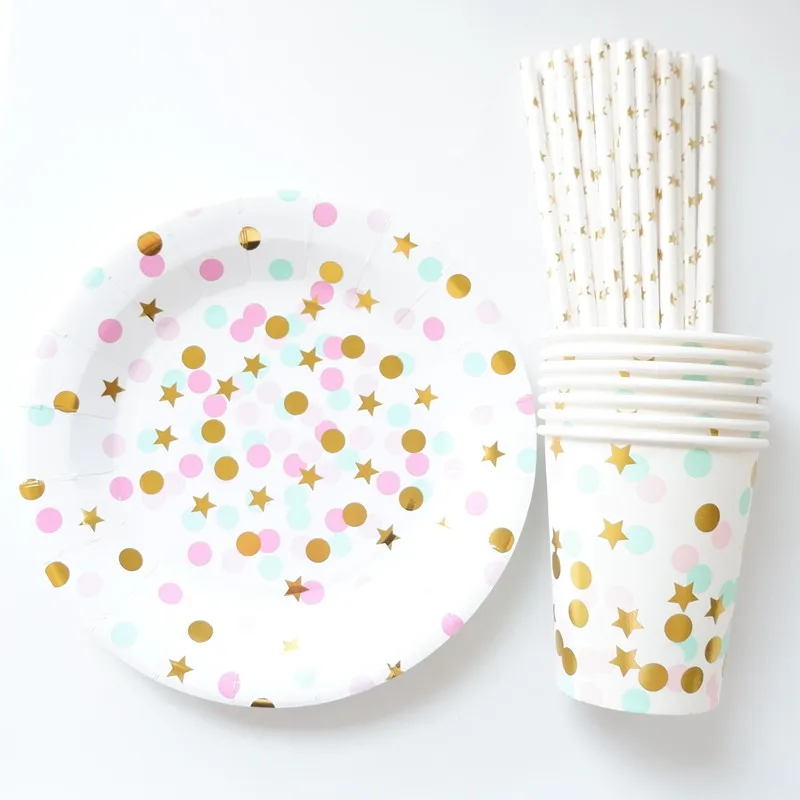 

65pcs/set Gold Dot Star Disposable Party Tableware Sets Paper Plates Cups Straws for Birthday Bridal Shower Children Party Decor