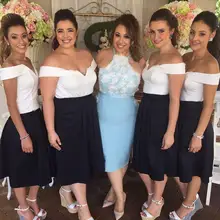 Sexy White and Black Cheap A Line Bridesmaid Dresses 2016 Pocket Tea Length Party Prom Maid of Honor Gowns vestido madrinha BR69