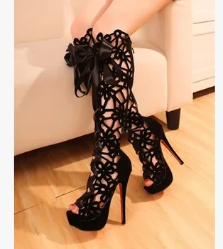 

2019 Classic Nightclub Boots Butterfly Knot Fish Mouth Heel Cool Boots Hollowing Out Sandals High Heels Sandals Womens Shoes