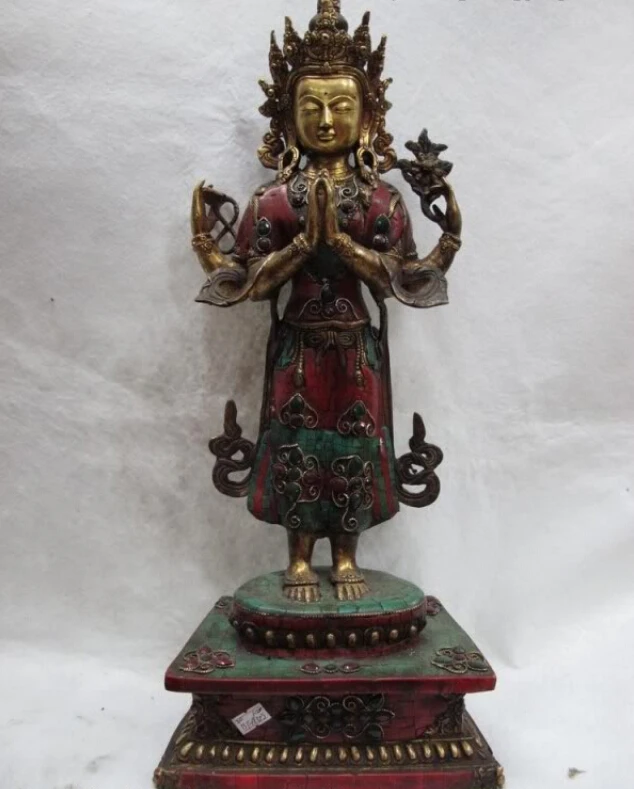 

Collectible bronze lion statue S0473 Tibet Bronze Gild inlay coral turquoise ruby beryl Four Arm Hand Kwan-Yin Buddha (B0328)