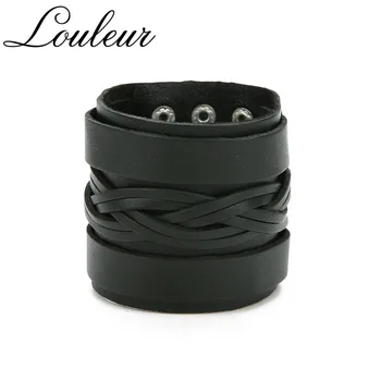

Louleur Fashion Men Leather Bracelet Cuff Rope Bangles & Bracelet Double Wide Black Color Vintage Punk Unisex Jewelry Gift