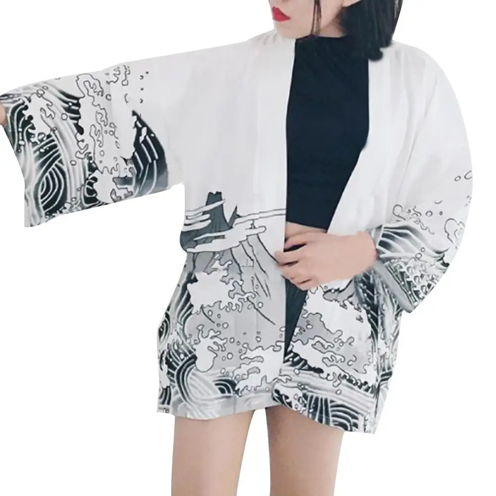 

Women Vintage Summer Dragon Wave Printing Chiffion ClothesSun Protection Cardigan Beach Cover Women Japanese Kimono Shirt Blouse