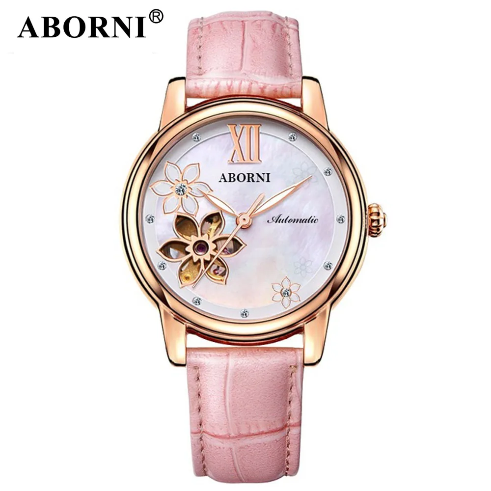 

ABORNI 2019 Brand Women Automatic Mechanical Skeleton Watches Gold Crystal Flower Bracelet Leather Casual Wristwatch Lady Clock