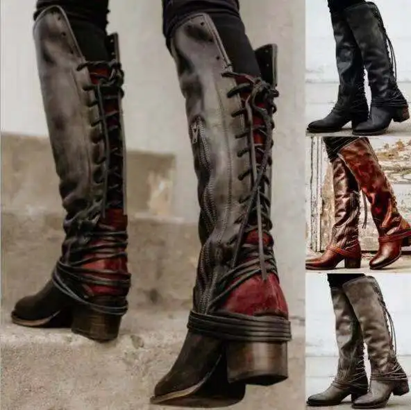 

Vintage Leather Lace Up Knee High Women Boots Med Heels Round Toe Bandage Shoes Woman Square Heel Rubber Botas Winter