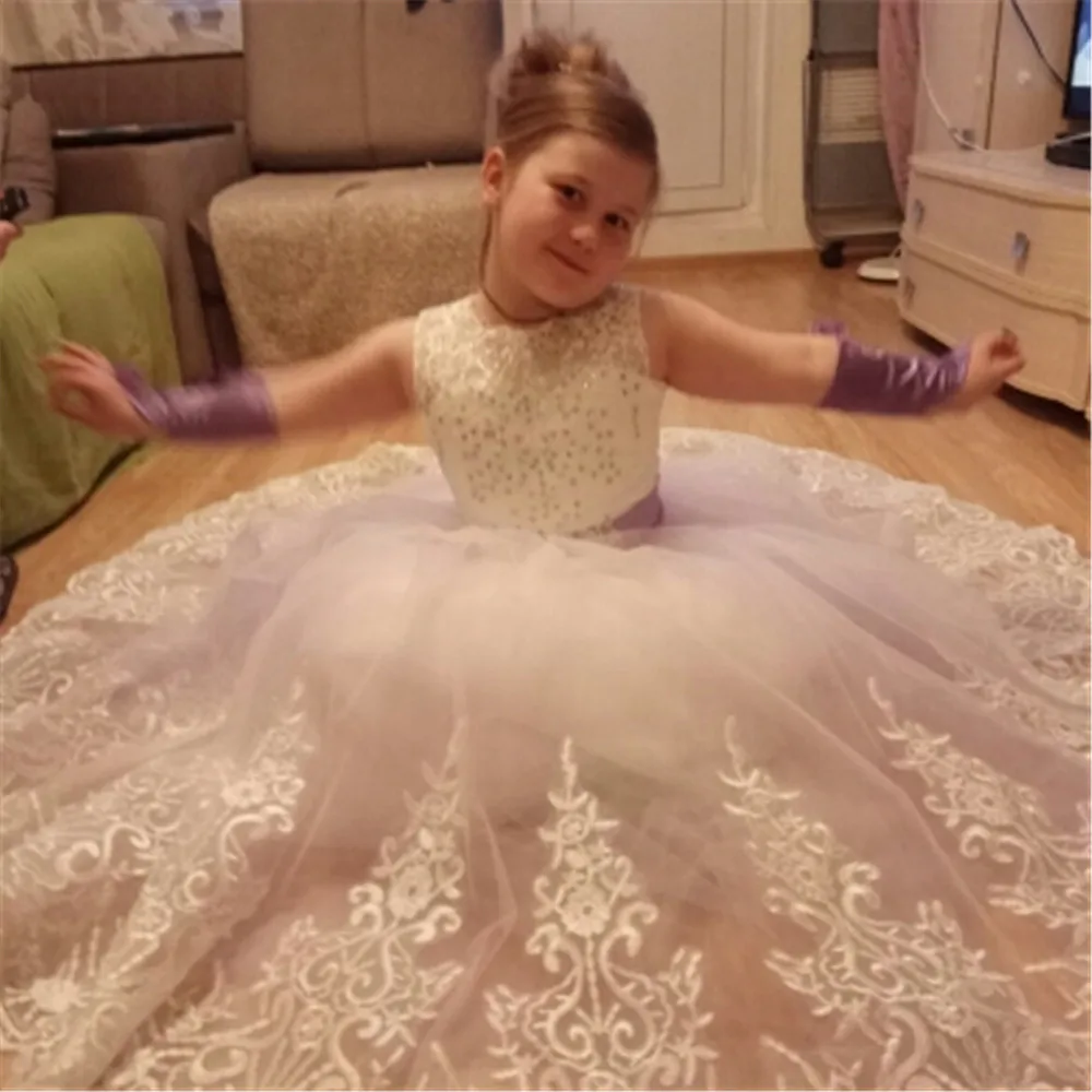 Flower Girl Dresses With Bow Beaded Crystal Lace Up Applique Ball Gown First Communion Dress for Girls Customized Vestidos Longo