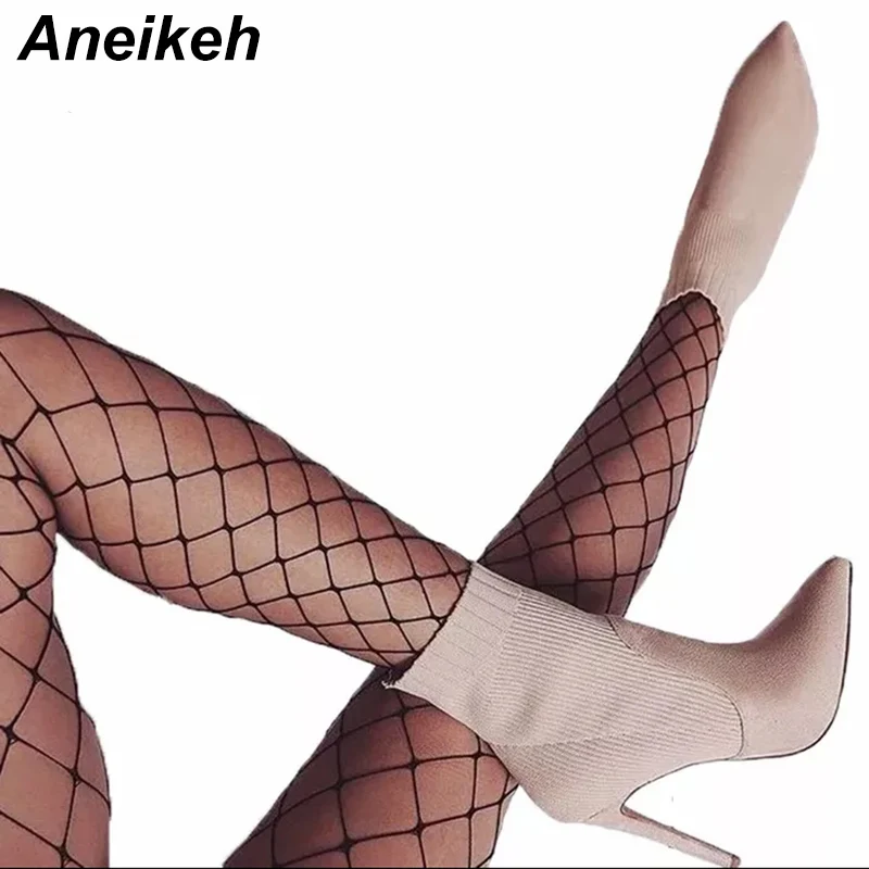 

Aneikeh Spring Women Boots Fashion Pointed Toe Patchwork High Heels Boots Slip on Stretch Fabric Ankle Boots Ladies Sock Boots