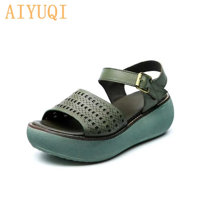 

AIYUQI Sandals women genuine leather 2019 new women sandals platform wedges shoes open toe retro hollow women's summer footwear