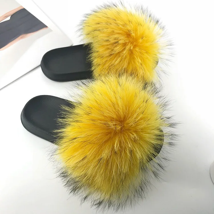 Real Raccoon Fur Slippers Women Sliders Casual Fox Hair Flat Fluffy Fashion Home Summer Big Size 45 Furry Flip Flops Shoes