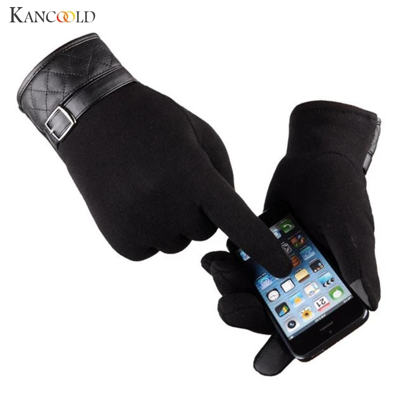 

Autumn Winter Men Thermal Anti Slip Screen Gloves Rhombus PU Leather Patchwork Velvet Mittens Male Guantes Sep19