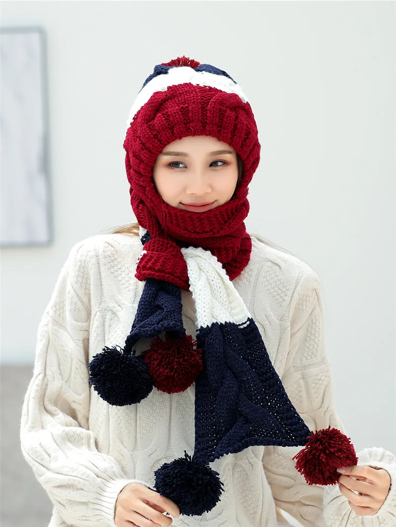 Зимние вязаные наборы шапка с шарфом для женщин толстые зимние теплые женские шапочки шапки с капюшоном помпоном шарф воротник обувь