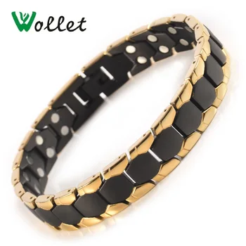 

Wollet Jewelry Health Care Healing Energy Bio Magnets Pure Titanium Magnetic Bracelet for Men Gold Black Color Plated Two Row