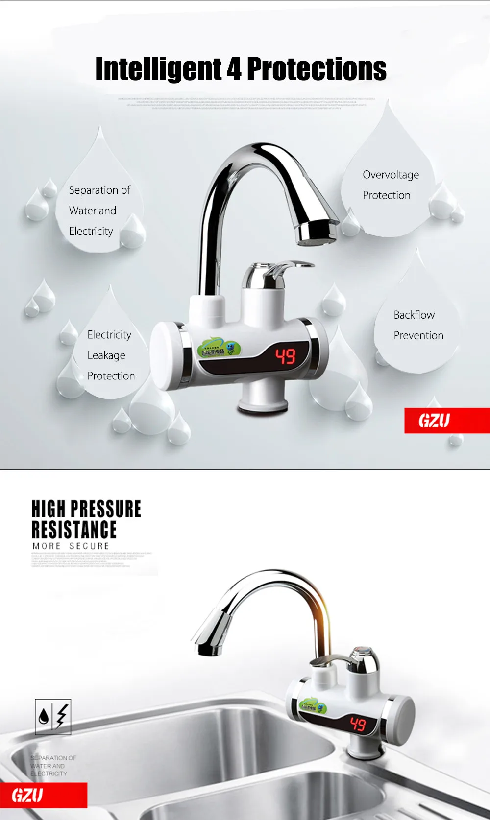 GZU ZM - C4 Tankless Electric Hot Water Heater Faucet Kitchen Accessories with LED Digital Display