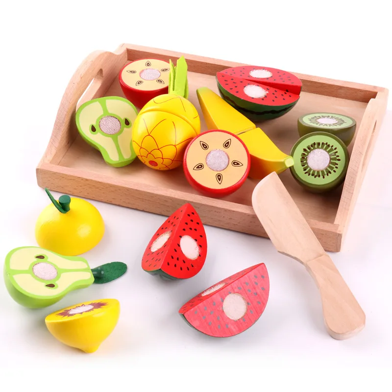 Kids Pretend Role Play Kitchen Fruit Vegetable Food Toy Cutting Set Wooden 