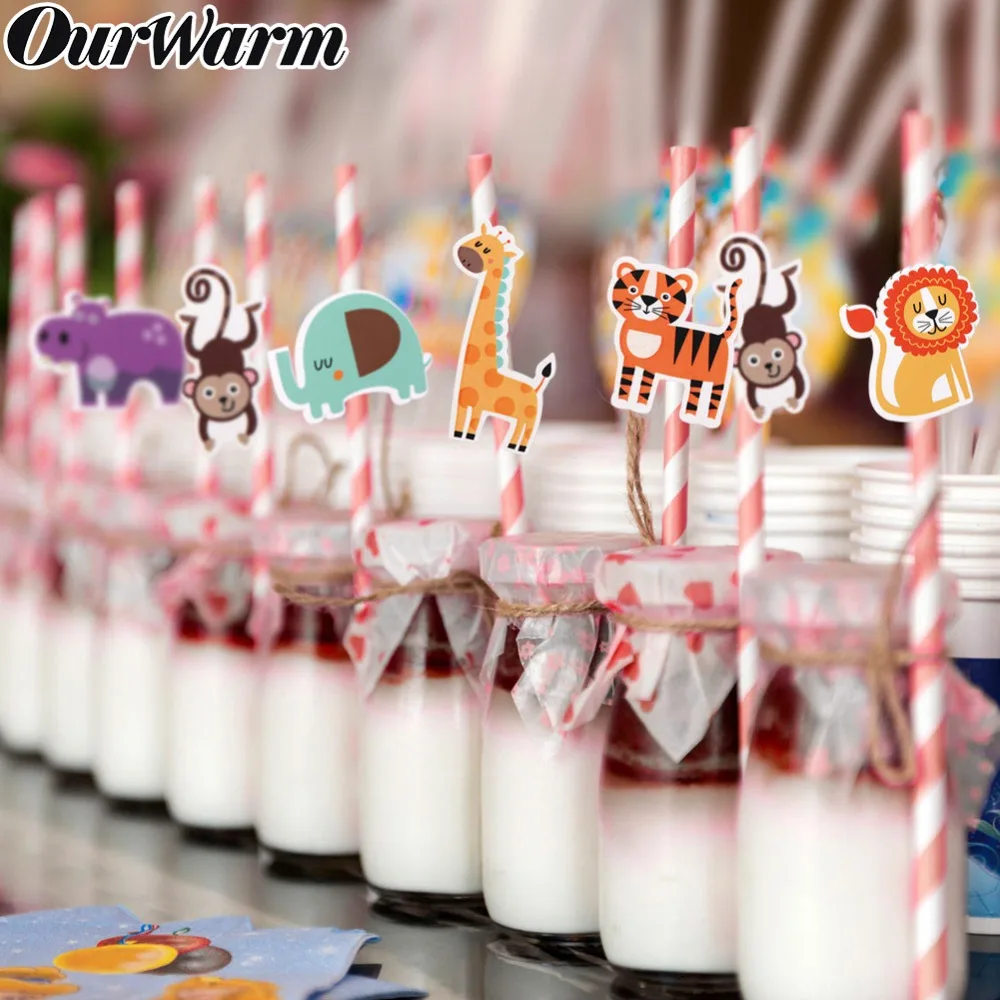 

OurWarm 25pcs Drinking Paper Straw Safari Party Cartoon Animals Straw Jungle Birthday Party Decorations Woodland Party Ideas