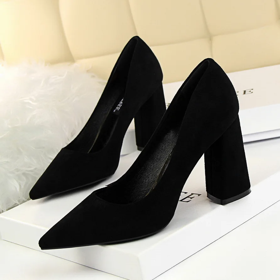 New Arrival Concise Square Heel Office Shoe Women Flock Soft Leather Pointed Pumps Spring Autumn Shallow Ladies High Heels Shoes
