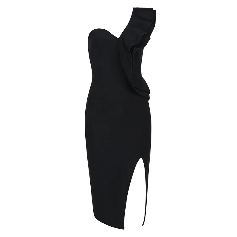 Для женщин сексуальный на одно плечо до колена черное вискозное платье дизайнерские открытые вилка вечерние платья