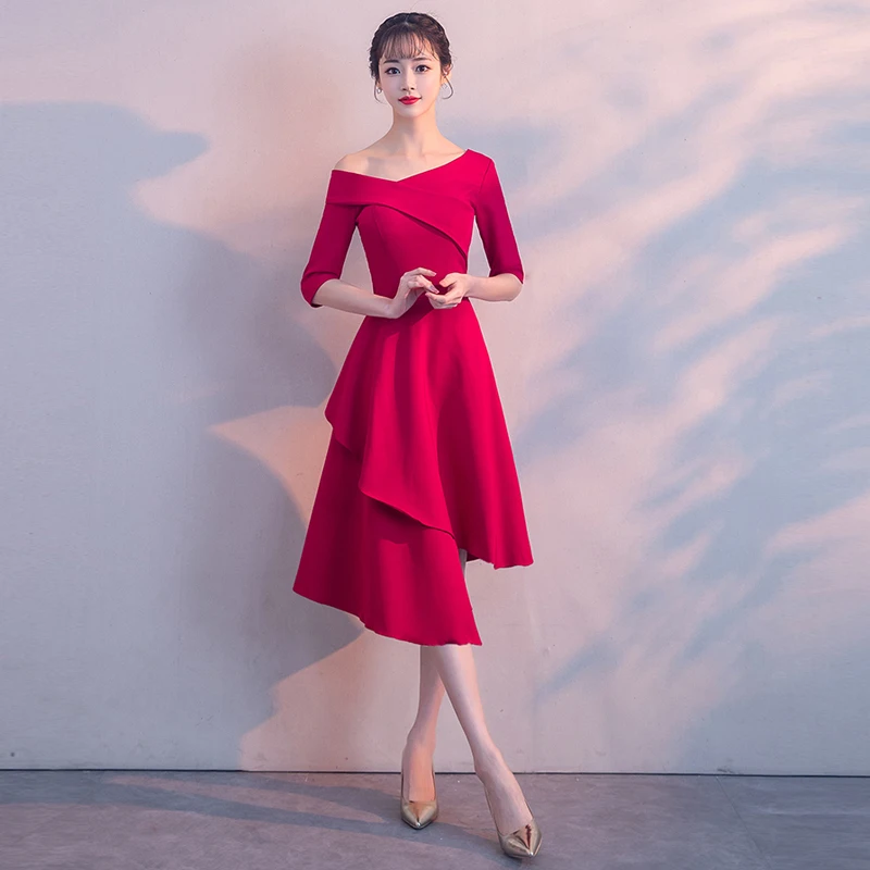

2018 new fashion wine red color Boat Neck Half Sleeves Zipper plus sizes Robe De Roiree party short evening dress