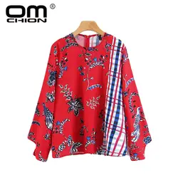 OMCHION Blusas Mujer De Moda 2018 Цветочный принт плед блузки в полоску с круглым вырезом Молния сзади рубашка Винтаж свободные Повседневное Топы LA56