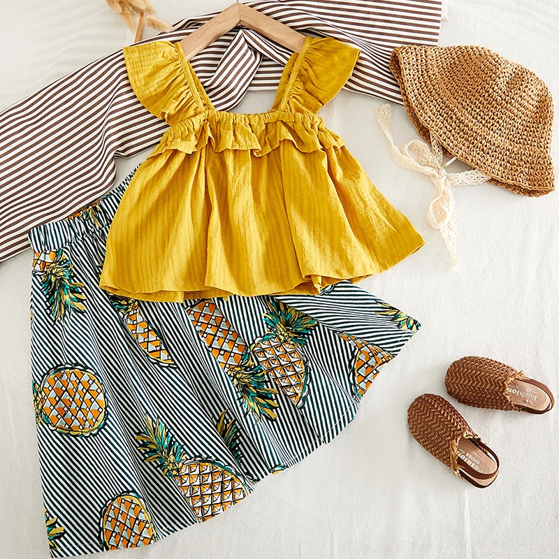 

Girls' Clothing Sets Children's Wear Girls 2019 Summer New Children's Flying Sleeve Vest + Fruit Print Long Skirt Two-pieces
