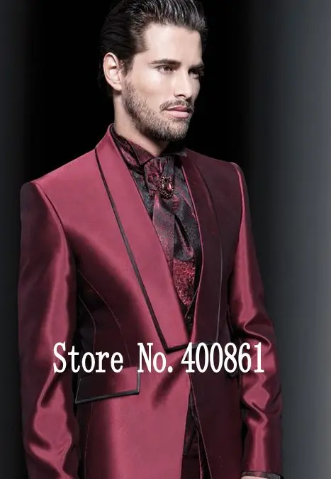 

Fantastic One Button Shiny Burgundy Groom Tuxedos Groomsmen Shawl Lapel Mens Suits Blazers (Jacket+Pants+Vest+Tie) W:1172