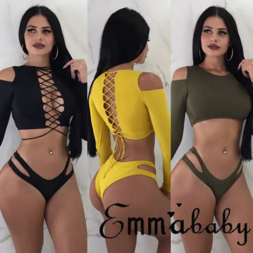 

Two Pieces Sexy Womens Bikini Set Push-Up Long Sleeve Bandage Swimsuit Beach Boho Swimwear Bathing Suit Beachwear