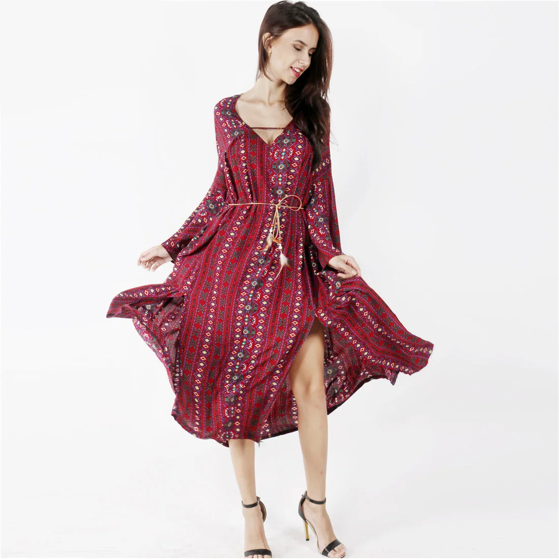 Thailand style Bohemian long dress retro floral printing cotton dress